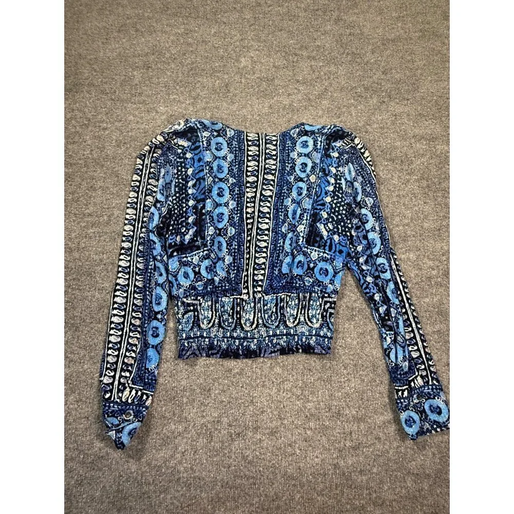 Free People Women's Blue Wild & Free Smocked V Neck Long Sleeve Boho Y2K Size L